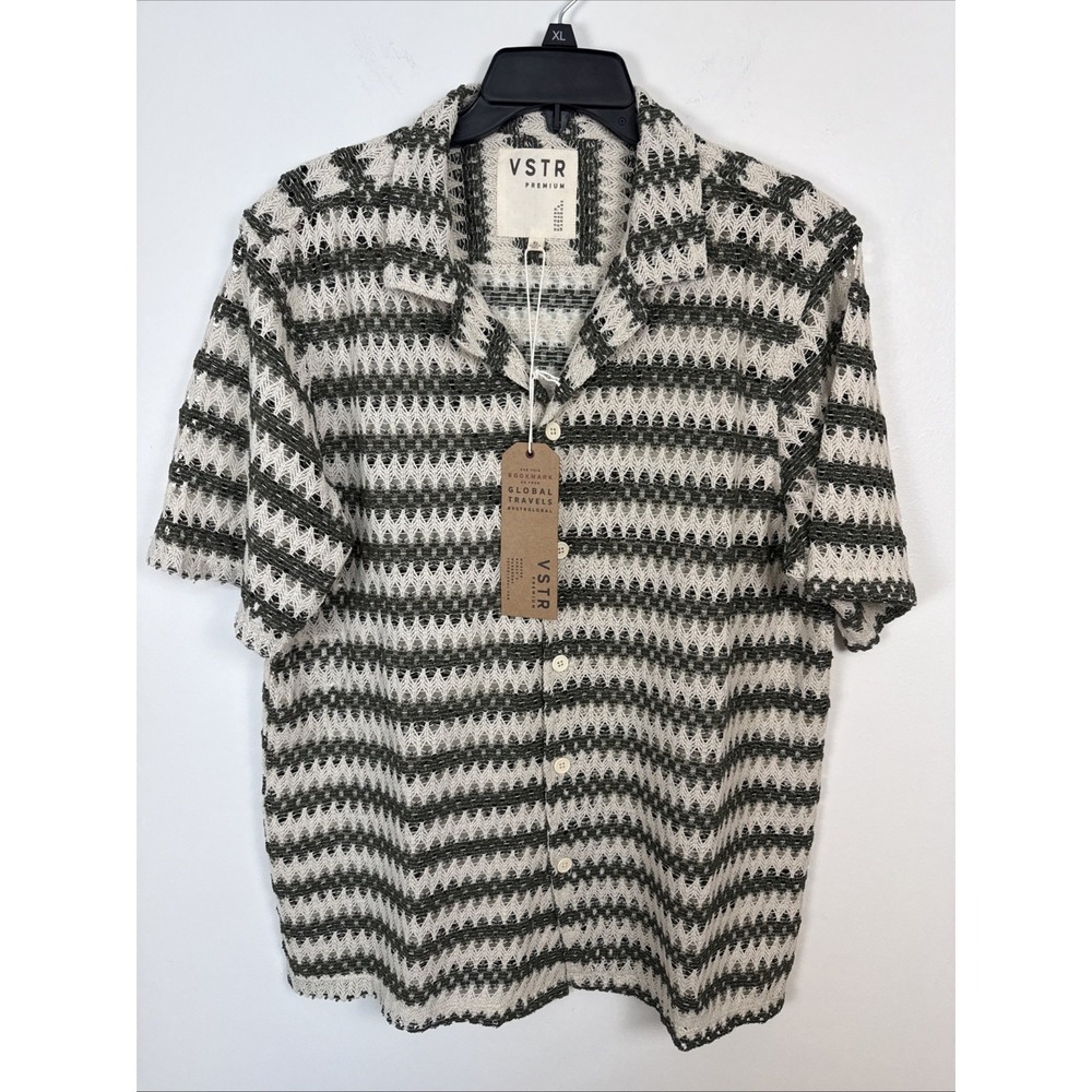 NWT Men's XL VSTR Premium Green Striped Crochet Open Knit Revere Resort Tropic